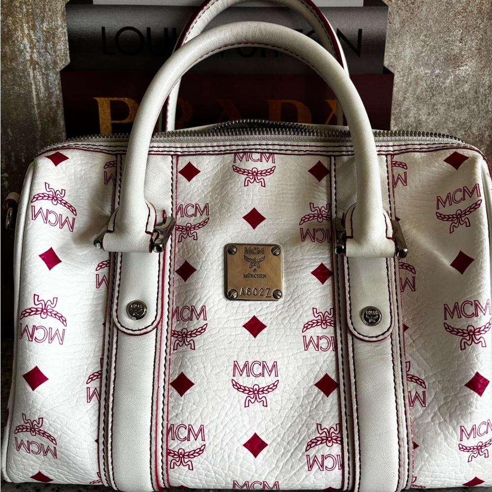 Authentic MCM Pink and White Boston Bag